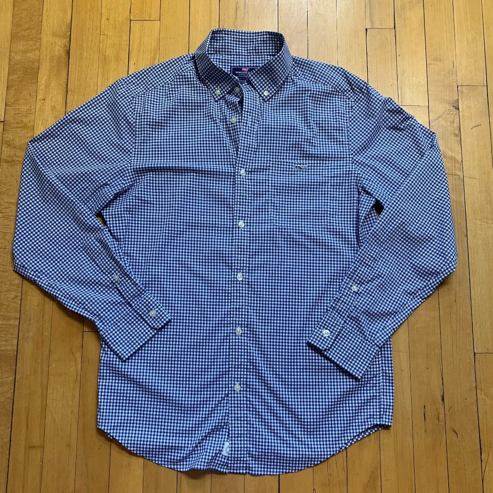 Vineyard Vines Whale Shirt Mens Medium Navy Blue Gingham Classic Fit Button Up